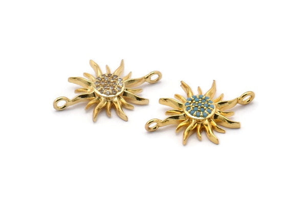 Gold Sun Connector, 4 Gold Plated Brass Connectors With 2 Loops, Pendants, Earring Findings (24x18mm) SY0172
