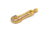 Gold Brooch Pin Charms, 4 Gold Plated Brass Brooch Pin Shaped Charms With 1 Loop, Pendants, Earring Findings (26x8mm) SY0119