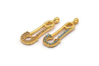 Gold Brooch Pin Charms, 4 Gold Plated Brass Brooch Pin Shaped Charms With 1 Loop, Pendants, Earring Findings (26x8mm) SY0119