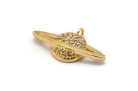 Gold Saturn Charm, Gold Plated Saturn Planet, Cubic Zircon, 2 CZ Pave Planet Charms, Zircon Charm Pendants (15x26mm) SY0111