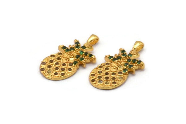Gold Pineapple Charm, Gold Plated Pineapple, Cubic Zircon, 2 CZ Pave Pineapple Charms, Zircon Pendants With 1 Loop (21x11mm) SY0085