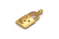 Gold Lock Charms, 4 Gold Plated Brass Lock Shaped Charms With 1 Loop, Pendants, Earring Findings (21x10mm) SY0092
