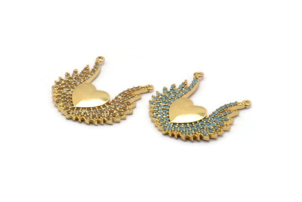 Gold Heart Charms, Gold Plated Brass Angel Winged Heart Charms With 2 Loops, Pendants, Earring Findings (22x22mm) SY0167