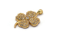 Gold Clover Charms, Gold Plated Brass Four Leaf Clover Charm With 1 Loop, Pendants, Earring Findings (24x17mm) SY0094