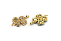 Gold Clover Charms, Gold Plated Brass Four Leaf Clover Charm With 1 Loop, Pendants, Earring Findings (24x17mm) SY0094