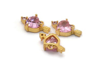 Gold Heart Charms, 2 Gold Plated Brass Heart With Arrow Shaped Pink Crystal Charms With 1 Loop, Pendants, Earring Findings (10x17mm) SY0113