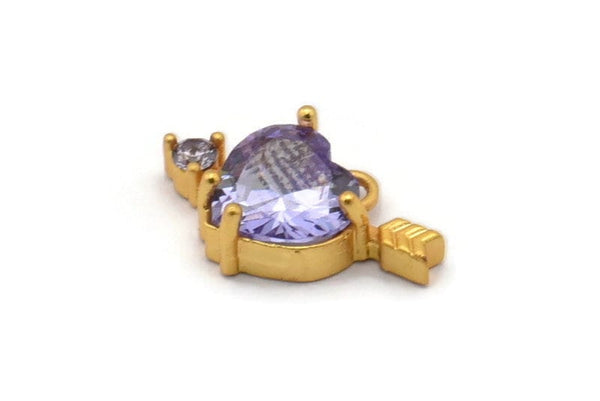 Gold Heart Charms, 2 Gold Plated Brass Heart With Arrow Shaped Purple Crystal Charms With 1 Loop, Earring Findings (10x17mm) SY0113