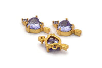 Gold Heart Charms, 2 Gold Plated Brass Heart With Arrow Shaped Purple Crystal Charms With 1 Loop, Earring Findings (10x17mm) SY0113
