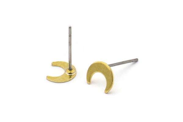 Brass Moon Earring, 12 Raw Brass Crescent Moon Stud Earrings (7x6x0.60mm) M1058 A2028