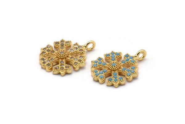 Gold Snowflake Charm, 2 Gold Plated Snowflake, Cubic Zircon, CZ Pave Snowflake Charm, Zircon Charm Pendant With 1 Loop (18x14mm) SY0174