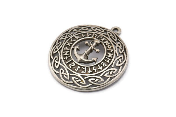 Silver Round Charm, Antique Silver Plated Brass Vikings Anchor Charms With 1 Loop, Pendants, Findings (33x29mm) N1938 H1501