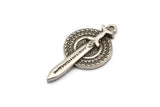 Silver Round Charm, Antique Silver Plated Brass Vikings Sword Charms With 1 Loop (35x18mm) N1944
