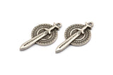Silver Round Charm, Antique Silver Plated Brass Vikings Sword Charms With 1 Loop (35x18mm) N1944