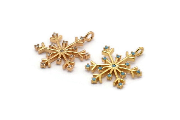 Gold Snowflake Charm, 2 Gold Plated Snowflake, Cubic Zircon, CZ Pave Snowflake Charm, Zircon Charm Pendant With 1 Loop (24x18mm) SY0122