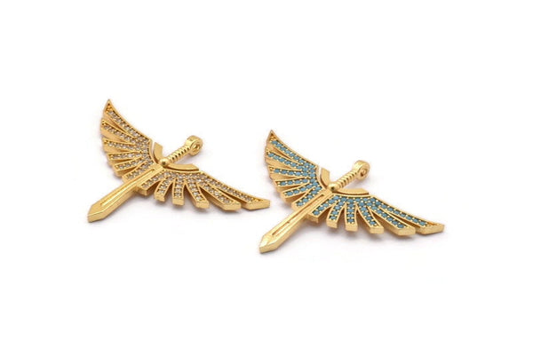 Gold Sword Charm, Gold Plated Sword, Cubic Zircon, CZ Pave Wing Charm, Zircon Charm Pendants With 1 Loop (32x46mm) SY0095