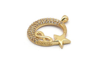 Gold Moon And Star Charms, Gold Plated Brass Crescent Moon And Star Charm With 1 Loop, Pendants, Earring Findings (25x24mm) SY0112