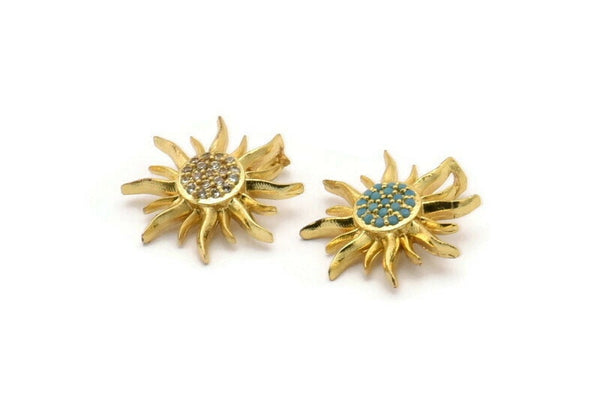 Gold Sun Charm, 2 Gold Plated Brass Charms With 2 Loops, Pendants, Earring Findings (19x18mm) SY0171