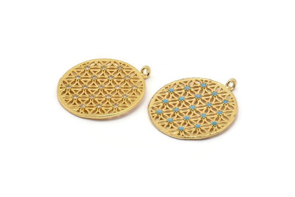Gold Round Charm, Gold Plated Round, Cubic Zircon, CZ Pave Round Charm, 2 Zircon Round Shaped Pendants With 1 Loop (28x24mm) SY0115