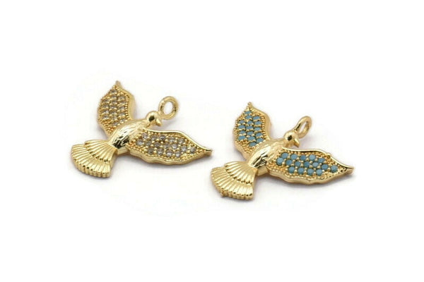 Gold Bird Charm, 2 Gold Plated Phoenix, Cubic Zircon, CZ Pave Phoenix Bird Charm, Zircon Charm Pendants With 1 Loop (19x22mm) SY0175