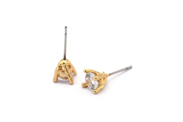 Gold Stud Earring, 4 Gold Plated Brass 4 Claw Stud Earrings, CZ Pave Earrings, Round Zircon Stud Earrings (8x6mm) SY0302