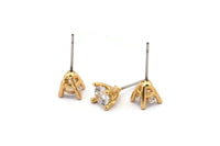 Gold Stud Earring, 4 Gold Plated Brass 4 Claw Stud Earrings, CZ Pave Earrings, Round Zircon Stud Earrings (8x6mm) SY0302