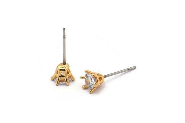 Gold Stud Earring, 4 Gold Plated Brass 4 Claw Stud Earrings, CZ Pave Earrings, Round Zircon Stud Earrings (6x6mm) SY0299