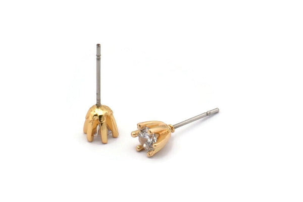 Gold Stud Earring, 4 Gold Plated Brass 6 Claw Stud Earrings, CZ Pave Earrings, Round Zircon Stud Earrings (6x5mm) SY0304