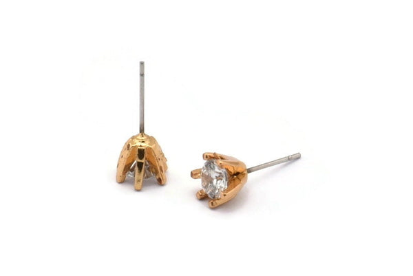Gold Stud Earring, 4 Gold Plated Brass 6 Claw Stud Earrings, CZ Pave Earrings, Round Zircon Stud Earrings (8x7mm) SY0303
