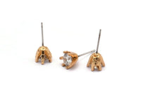 Gold Stud Earring, 4 Gold Plated Brass 6 Claw Stud Earrings, CZ Pave Earrings, Round Zircon Stud Earrings (8x7mm) SY0303