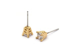 Gold Stud Earring, 4 Gold Plated Brass 4 Claw Stud Earrings, CZ Pave Earrings, Round Zircon Stud Earrings (8x6mm) SY0284