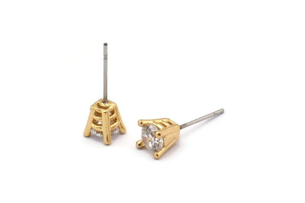 Gold Stud Earring, 4 Gold Plated Brass 4 Claw Stud Earrings, CZ Pave Earrings, Round Zircon Stud Earrings (8x6mm) SY0284
