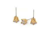 Gold Stud Earring, 4 Gold Plated Brass 4 Claw Stud Earrings, CZ Pave Earrings, Round Zircon Stud Earrings (8x6mm) SY0284