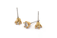 Gold Stud Earring, 4 Gold Plated Brass 6 Claw Stud Earrings, CZ Pave Earrings, Round Zircon Stud Earrings (7x6mm) SY0216