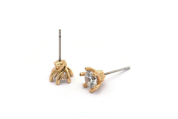Gold Stud Earring, 4 Gold Plated Brass 6 Claw Stud Earrings, CZ Pave Earrings, Round Zircon Stud Earrings (8x7mm) SY0101
