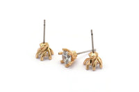 Gold Stud Earring, 4 Gold Plated Brass 6 Claw Stud Earrings, CZ Pave Earrings, Round Zircon Stud Earrings (8x7mm) SY0101