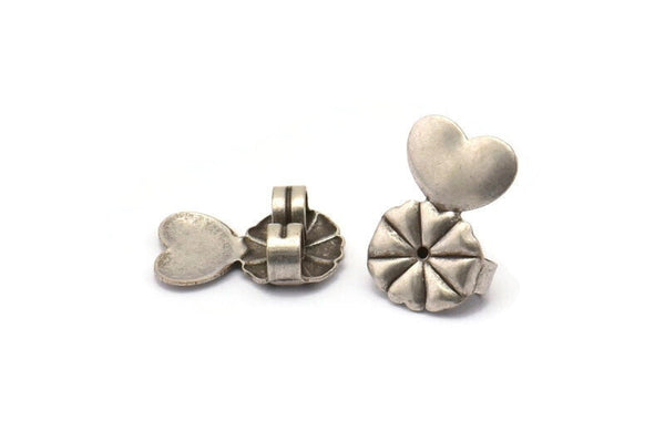 Silver Heart Stopper, 24 Antique Silver Plated Brass Flower Earring Back Stopper, Earring Stud Back Stoppers (14x10mm) D1103