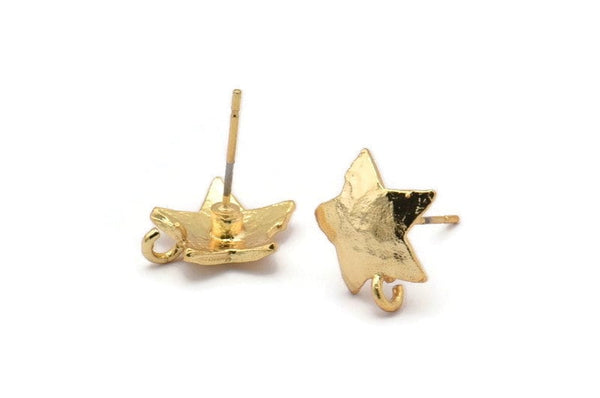 Gold Earring Post, 4 Gold Plated Brass Star Earring Posts With 1 Loop (14x15mm) BS 2437 Q1056