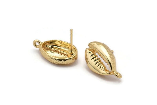 Gold Shell Earring, 2 Gold Plated Brass Cowrie Shell Stud Earrings With 1 Loop, Findings (20x11mm) N0910