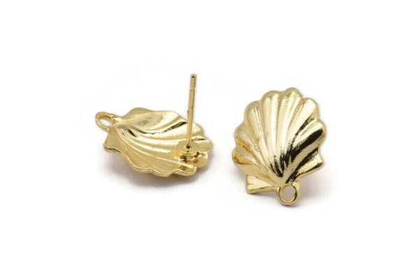 Gold Shell Earring, 4 Gold Plated Brass Sea Shell Stud Earrings With 1 Loop, Findings (16x14mm) N0912