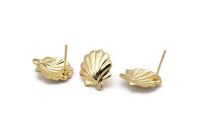 Gold Shell Earring, 4 Gold Plated Brass Sea Shell Stud Earrings With 1 Loop, Findings (16x14mm) N0912