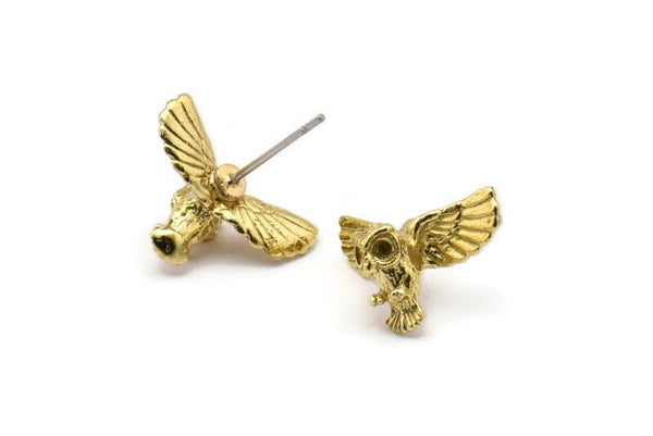 Tiny Owl Earring, 4 Raw Brass Owl Stud Earrings (18x10mm) N0417 A1213