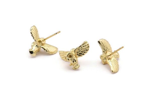 Tiny Owl Earring, 2 Gold Plated Brass Owl Stud Earrings (18x10mm) N0417 A1213
