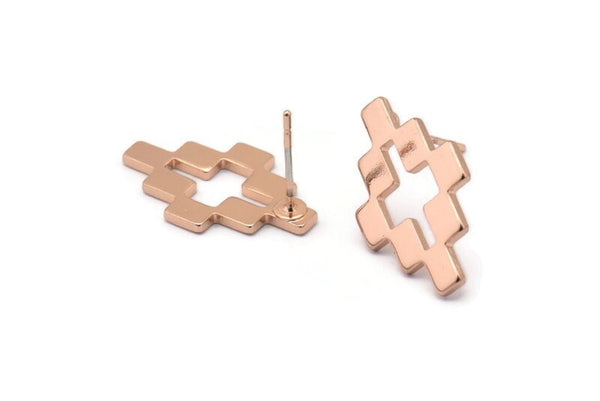Rose Gold Puzzle Earring, 4 Rose Gold Plated Brass Stud Earrings (12x20x1.2mm) D952 A1258