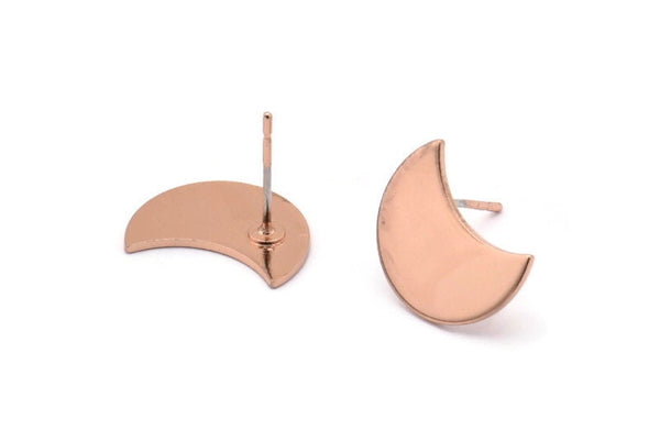 Rose Gold Moon Earring, 4 Rose Gold Plated Brass Crescent Moon Stud Earrings (15x8x0.80mm) D0666 A1325 Q0634