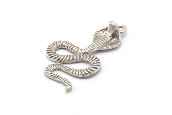 Silver Snake Charm, Antique Silver Plated Brass Cobra Snake Charm With 1 Loop, Pendants, Findings, Earrings (45x26x8x2mm) N1639 H1166