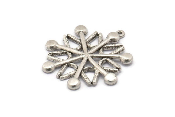 Silver Snowflake Charm, Antique Silver Plated Brass Snowflake Shaped Charm With 1 Loop, Pendants (35x33x2.5mm) N1635