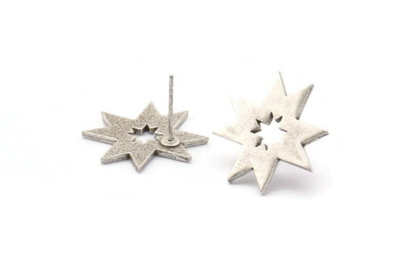 Silver Star Earring, 4 Antique Silver Plated Brass Star Stud Earrings (19x1mm) N1615