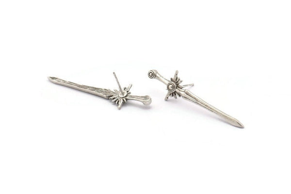 Silver Sword Earring, 2 Antique Silver Plated Brass Sword Stud Earrings (43x12mm) N1624 H1121