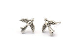 Silver Bird Earring, 6 Antique Silver Plated Brass Bird Stud Earrings (12x12x2mm) N1637