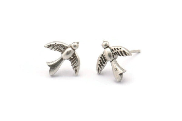 Silver Bird Earring, 6 Antique Silver Plated Brass Bird Stud Earrings (12x12x2mm) N1637